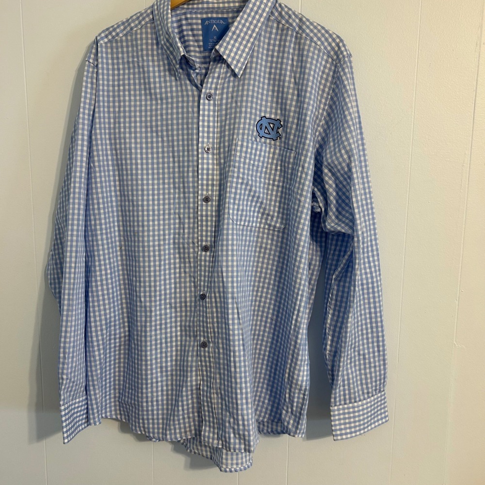 Antigua Mens UNC Tar Heels Gingham Button Down Shirt XL Blue White Long Sleeve